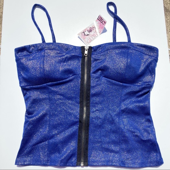 Love Culture Tops - Love Culture Tank Top Large Blue Silver Shimmer Black Built In Bra Front Zip New